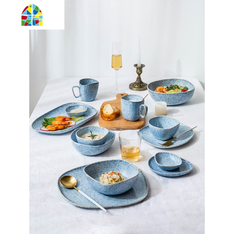 窑变釉餐具碗盘大号汤碗饭碗陶瓷面碗餐盘子碗碟家用套装fenghou蓝珀