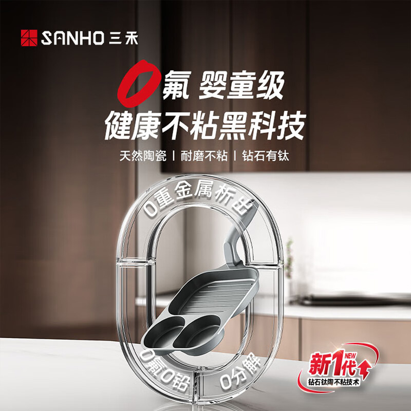 三禾煎锅19cm陶瓷不粘0氟涂层钻石钛平底早餐煎盘LJ19U4高清大图