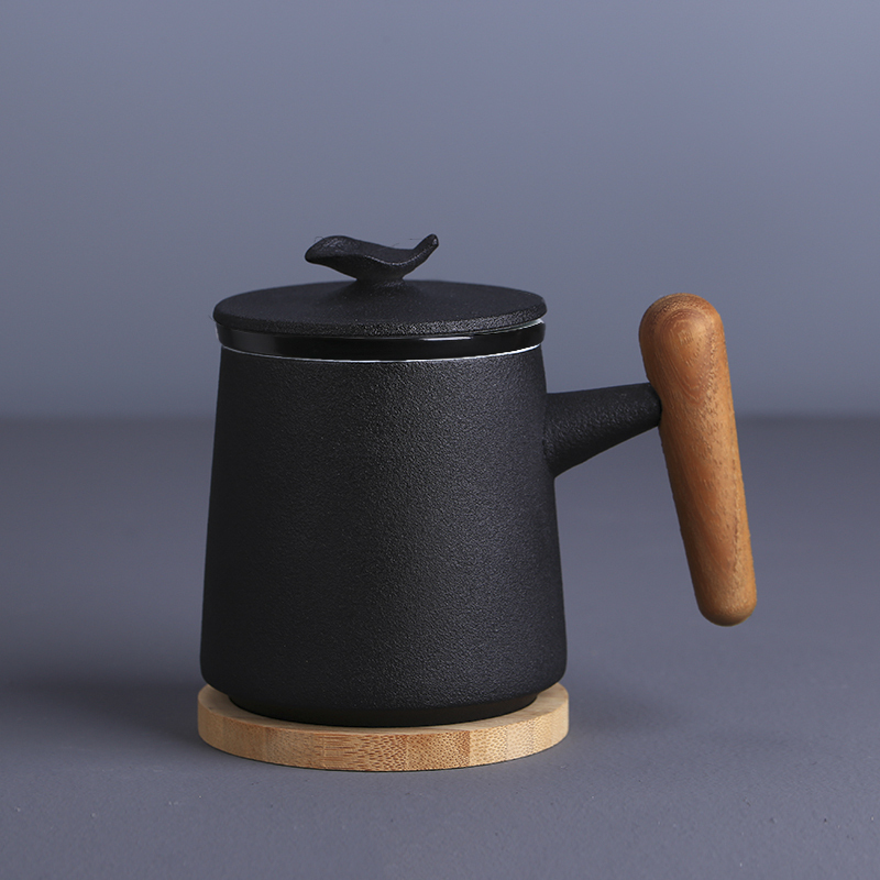 创意马克杯过滤陶瓷茶杯烘焙精灵办公室泡茶杯带盖杯子大容量水杯抖音定制 栀叶木柄三件套[茶水分离]
