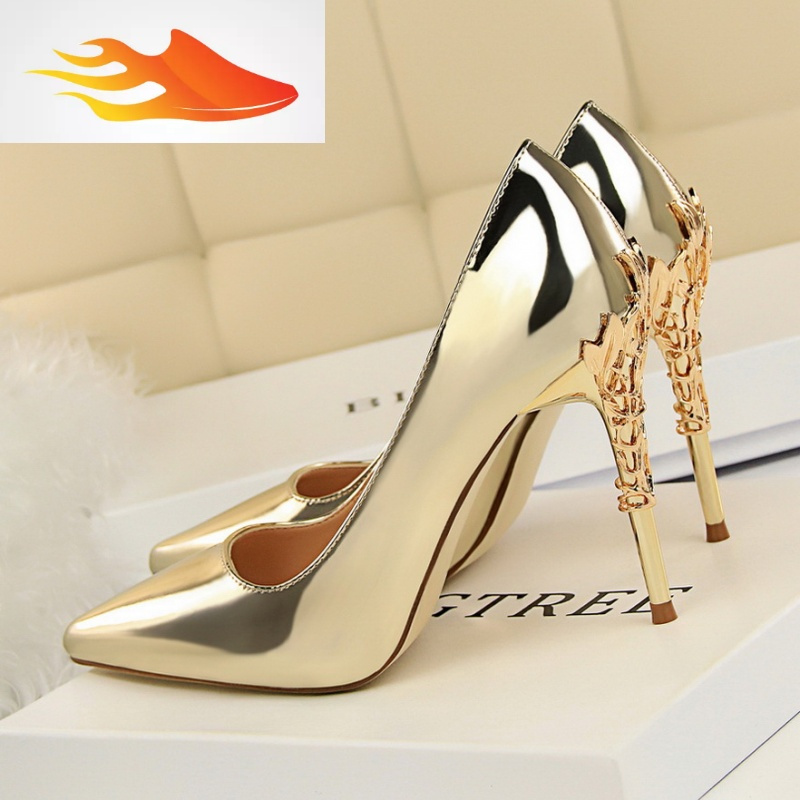 fishbasket欧美风时尚性感金属跟女鞋细跟高跟鞋浅口尖头漆皮显瘦单鞋