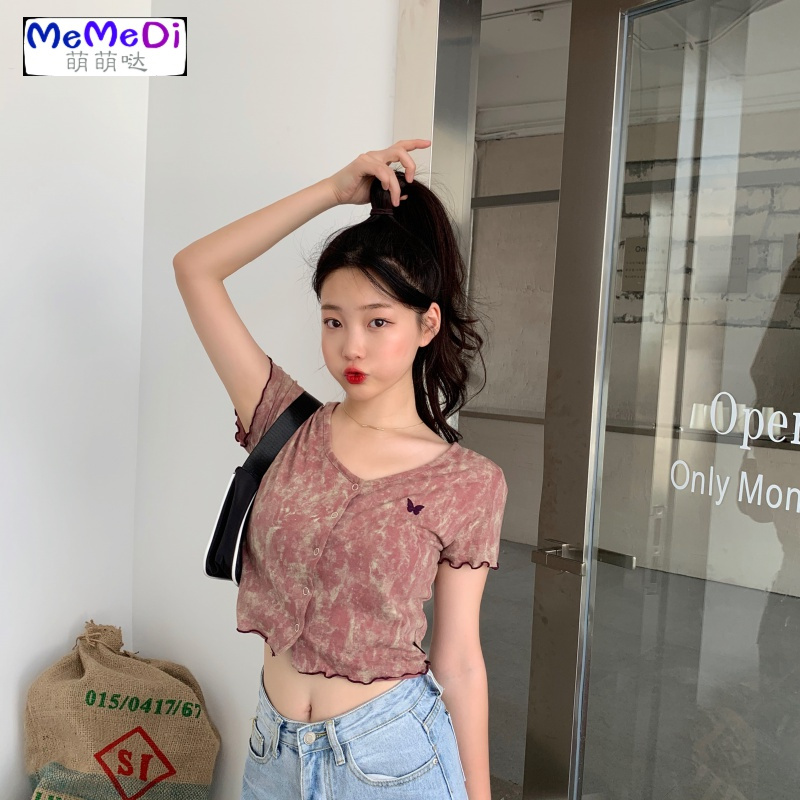 2020夏季新款港味chic心机上修身显瘦短款扎染蝴蝶短袖T恤女ins