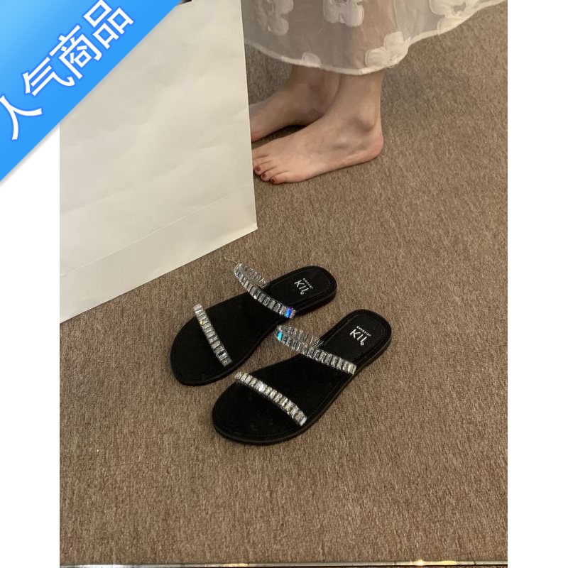 SUNTEK气质简约一字拖鞋仙女鞋子外穿2023年新款夏季法式水钻小凉拖凉鞋高清大图