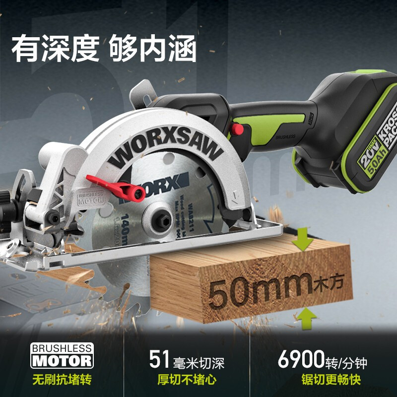 威克士(WORX)20V 无刷140mm圆锯(4.0Ah,双电)