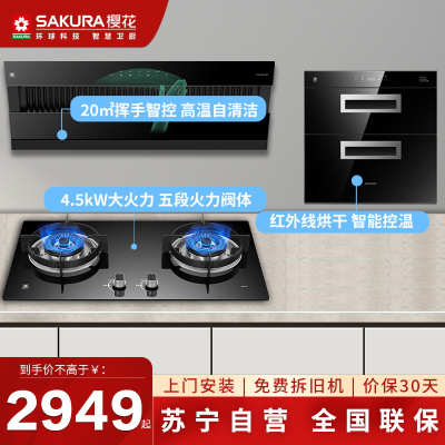 樱花(SAKURA)烟灶套餐 烟灶消三件套 抽油烟机 燃气灶具消毒柜 厨电烟机灶具套装JA06+BGC1T+C01天然气