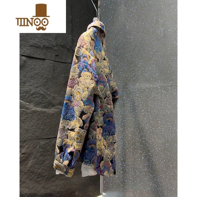 YANXU2023秋季新款潮流百搭个性休闲外套男士痞帅时尚小熊刺绣翻领上衣高清大图