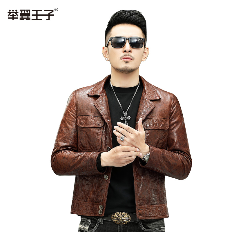 举翼王子新款男士皮草复古小牛皮翻领皮衣真皮短款单排扣夹克时尚商务休闲男式纯皮上装