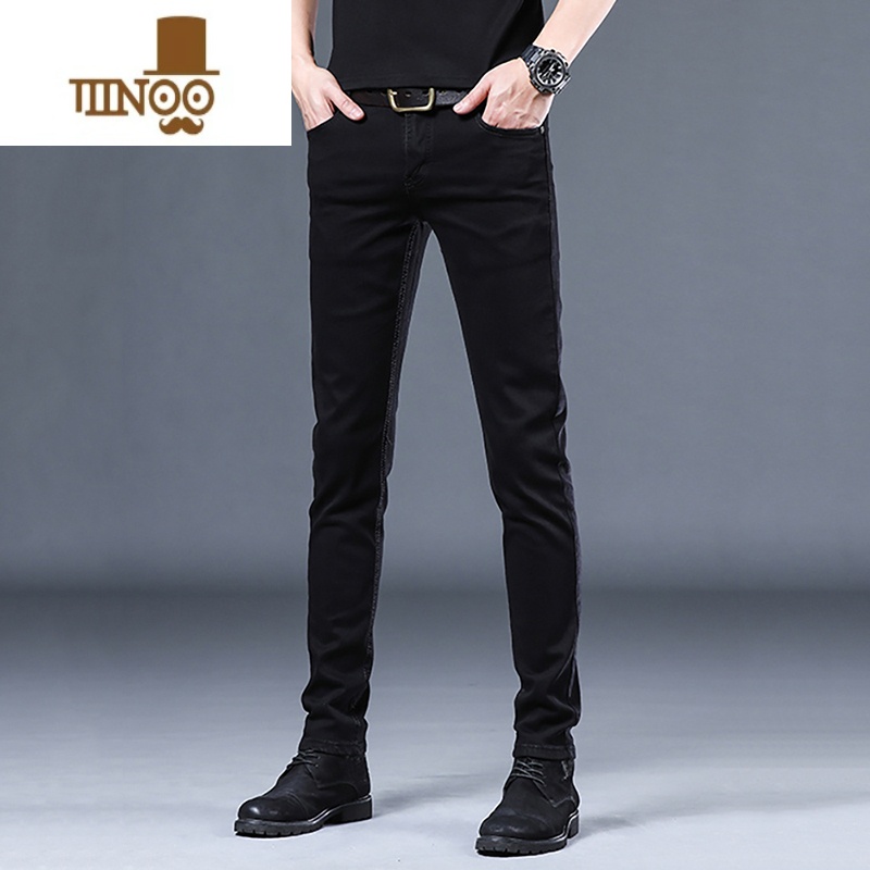 YANXU高端水洗不掉色黑色牛仔裤男士修身小脚夏季薄款弹力休闲裤子高清大图