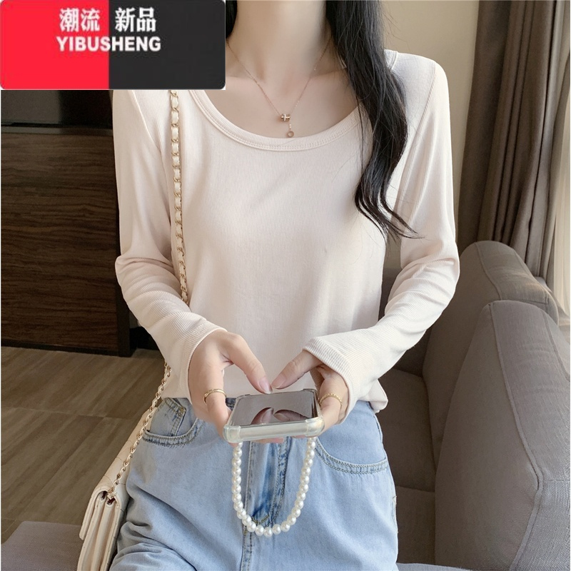 YIBUSHENG灰色低领打底衫女春秋2023新款洋气修身内搭长袖上衣螺纹圆领t恤