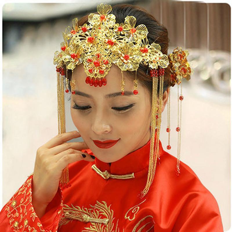 新娘头饰套装流苏龙凤褂古风发饰结婚红色古装秀禾服凤冠10021套装