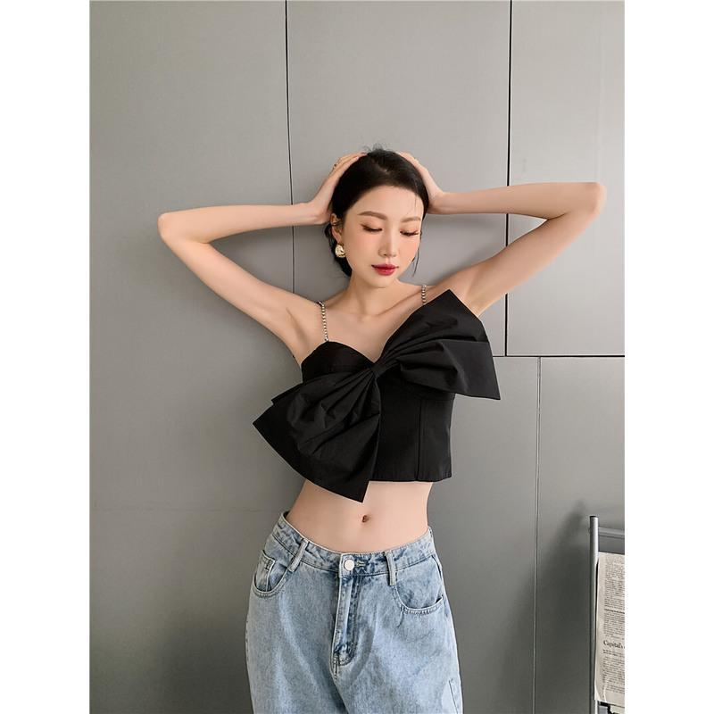 黑色- xs 吊带女夏季外穿黑色镶钻蝴蝶结很仙小心机露肚脐辣妹短款背