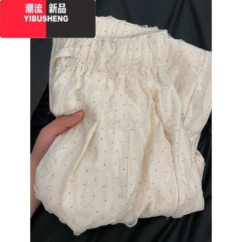 YIBUSHENG破洞烫钻粉色裤子女季薄款松紧腰抽绳显瘦阔腿裤垂感防晒休闲裤图片