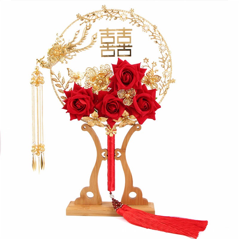 中式新娘子出嫁婚礼手工捧花古风结婚团扇子喜扇diy材料包秀禾服 三维工匠 比翼双飞成品送礼盒扇架高清大图
