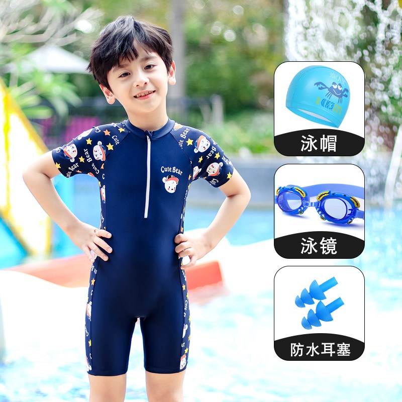 儿童泳衣夏男童女童连体小中大童短袖沙滩男孩宝宝大码温泉游泳衣