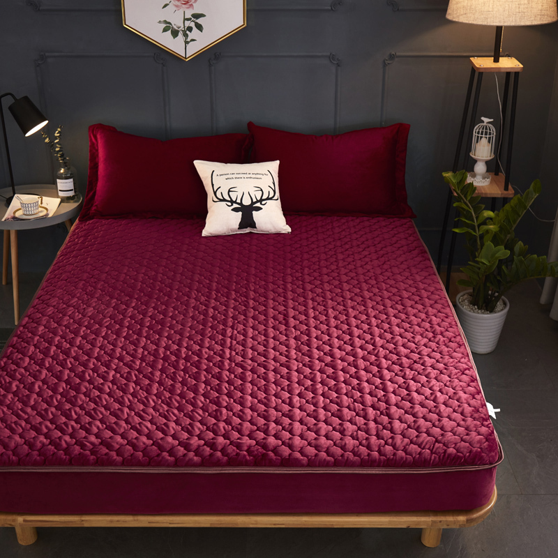 美帮汇床笠单件加厚夹棉1.8m床保护套 床罩床垫套 酒红色 180x200cm