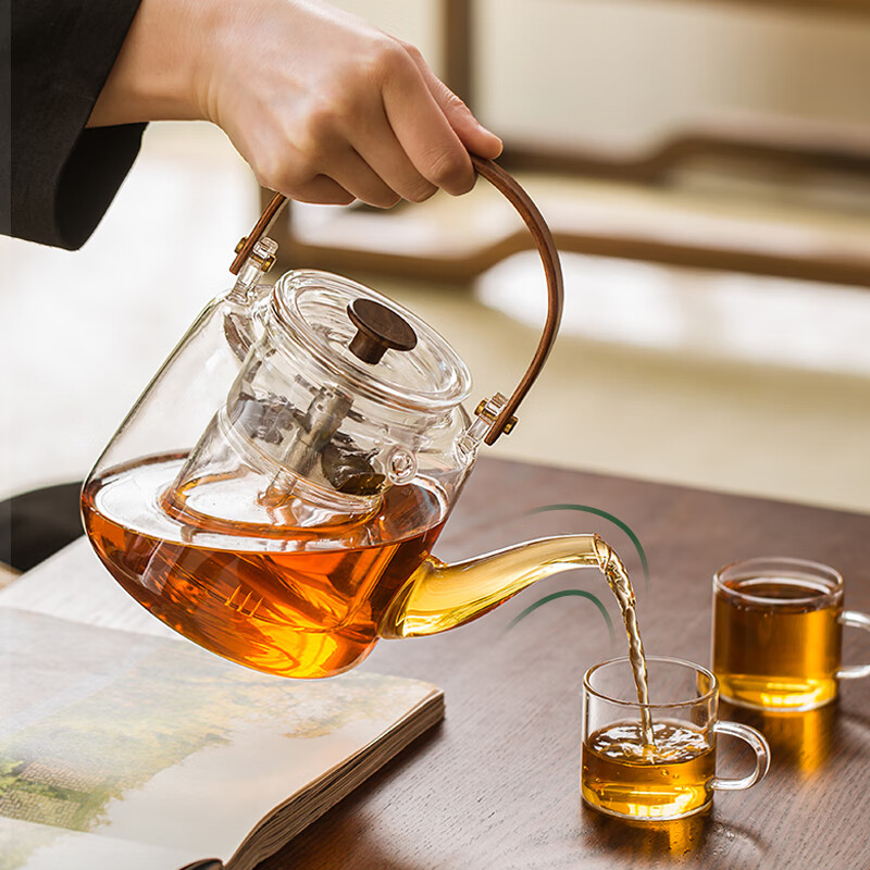 鸣盏煮茶玻璃烧水壶耐高温可加热蒸煮二用提梁壶泡茶具煮茶器800ml MZ8021高清大图