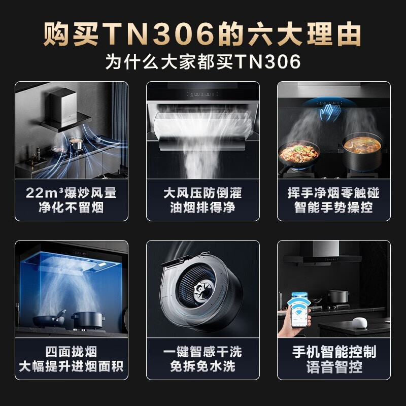 美的(Midea)家用抽油烟机欧式顶吸22立方大吸力 4.8KW大火力CXW-260-TN306+JZY-217B