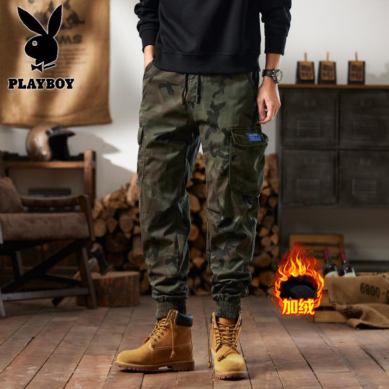 花花公子新款2025冬新款男士潮流日系多口袋休闲垂感显高迷彩加绒工装裤_728高清大图