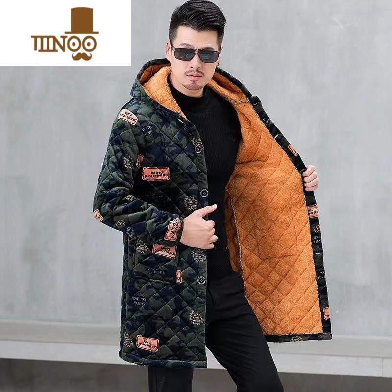 YANXU长款棉衣外套男加绒加厚罩衣连帽工作服大褂宽松大码厚大衣高清大图