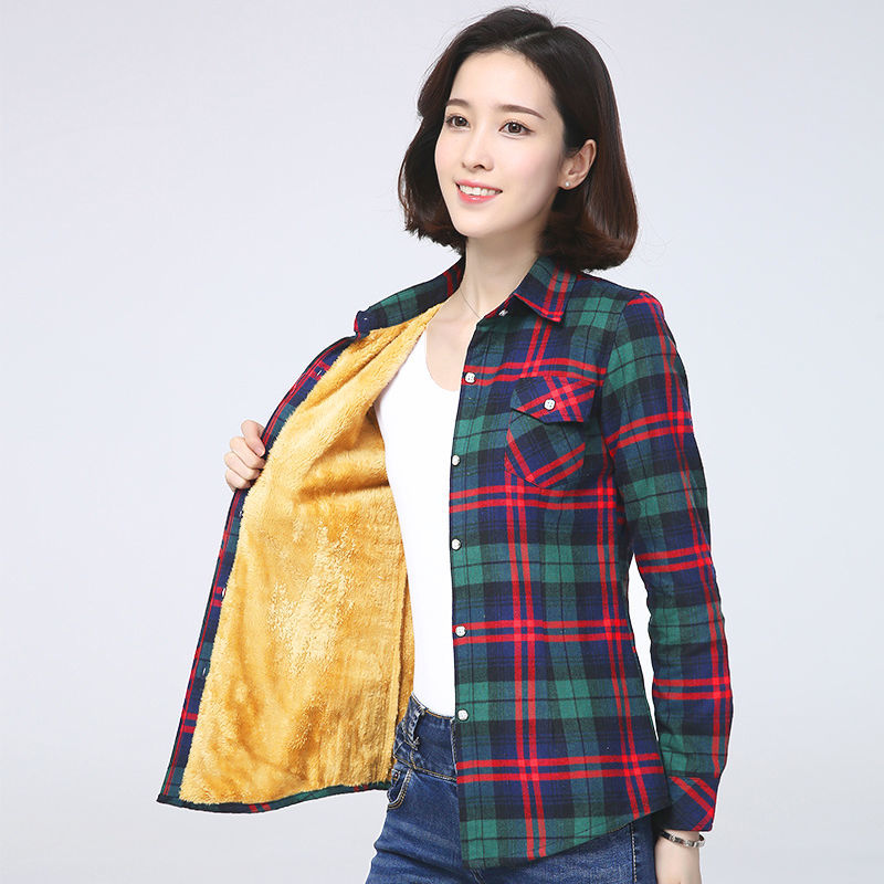棉质不起球不褪色春秋冬格子新款加绒加厚女装长袖保暖衬衫女