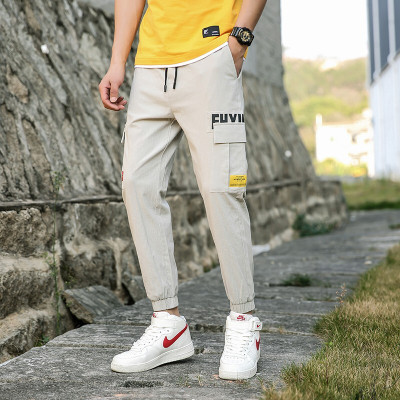 稻草人工装裤男2019夏季新品潮流时尚九分裤弹力松紧休闲裤男
