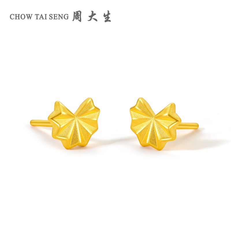周大生黄金饰品定价黄金耳饰 硬足金折花耳钉女士自戴款质感个性耳钉送来恋人
