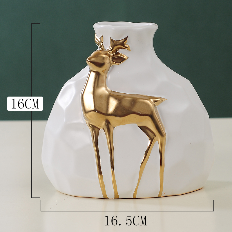 北欧风轻奢鹿陶瓷花瓶摆件三件套客厅酒柜装饰品干花仿真插花创意白色