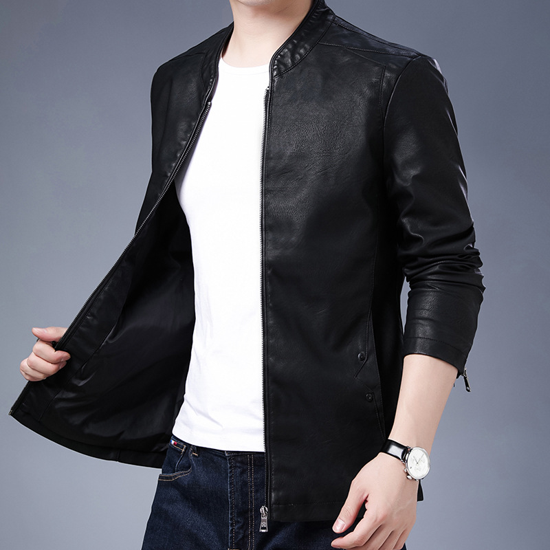 啄木鸟皮衣新款2025男士春秋立领加绒皮夹克百搭外套休闲上衣高清大图