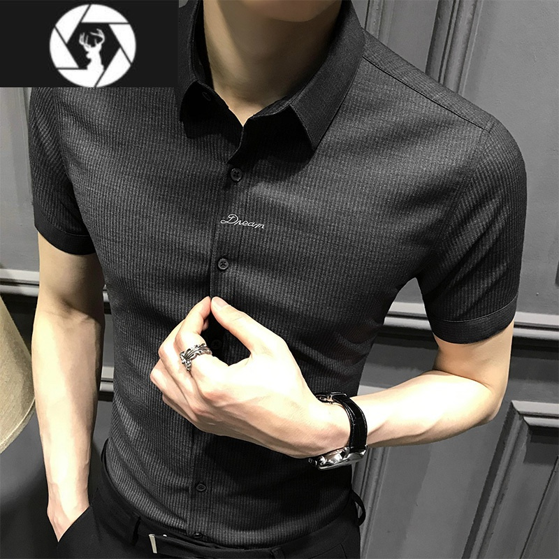 HongZun夏季高级条纹短袖衬衫男刺绣修身高级半袖衬衣潮流休闲商务免烫寸