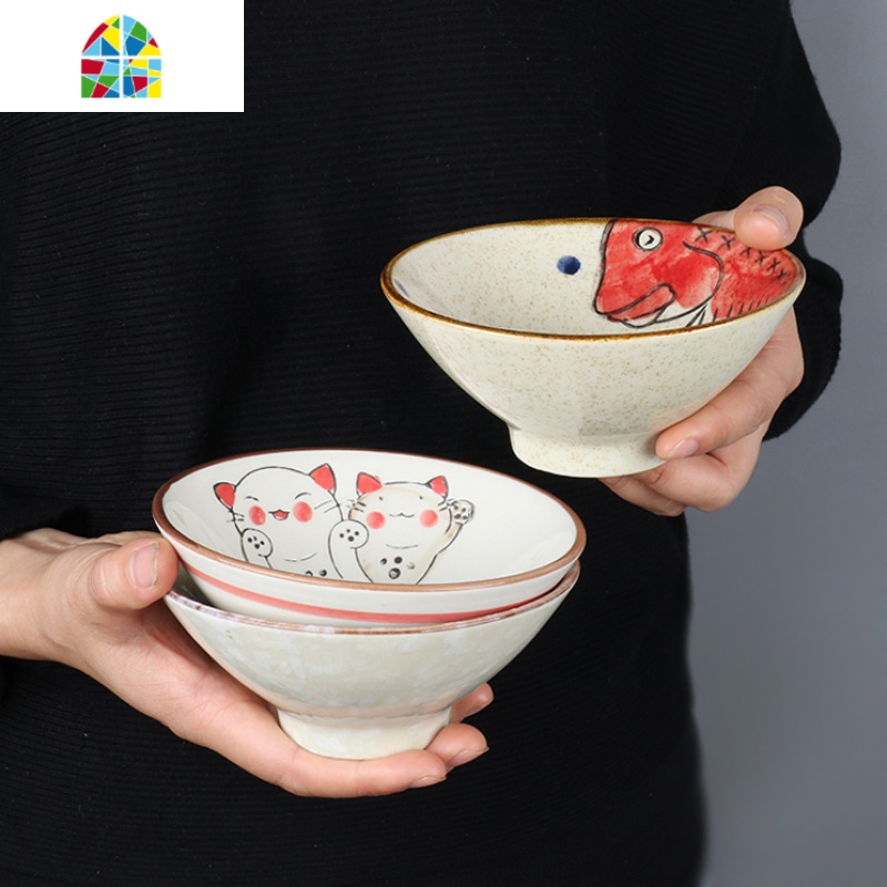 日式陶瓷餐具手绘5英寸高脚斗笠碗甜品碗家用米饭碗小汤碗 FENGHOU 蓝色胖头鱼(5英寸)斗笠米饭碗高清大图