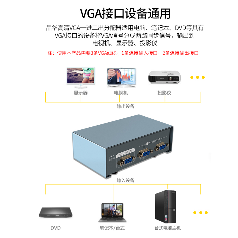 晶华 VGA分配器一分二 高清视频1进2出分频器 VGA显示器视频扩展器280MHZ 灰色V2802 F412