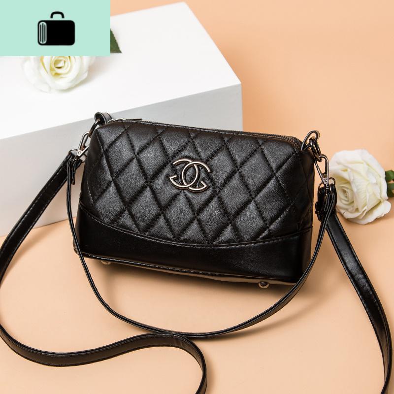 2020新款大气百搭中老年女包妈妈包多层斜挎包简约单肩包婆婆软皮NEW LAKE 黑色送卡包香包小皮一样的质感女斜挎包