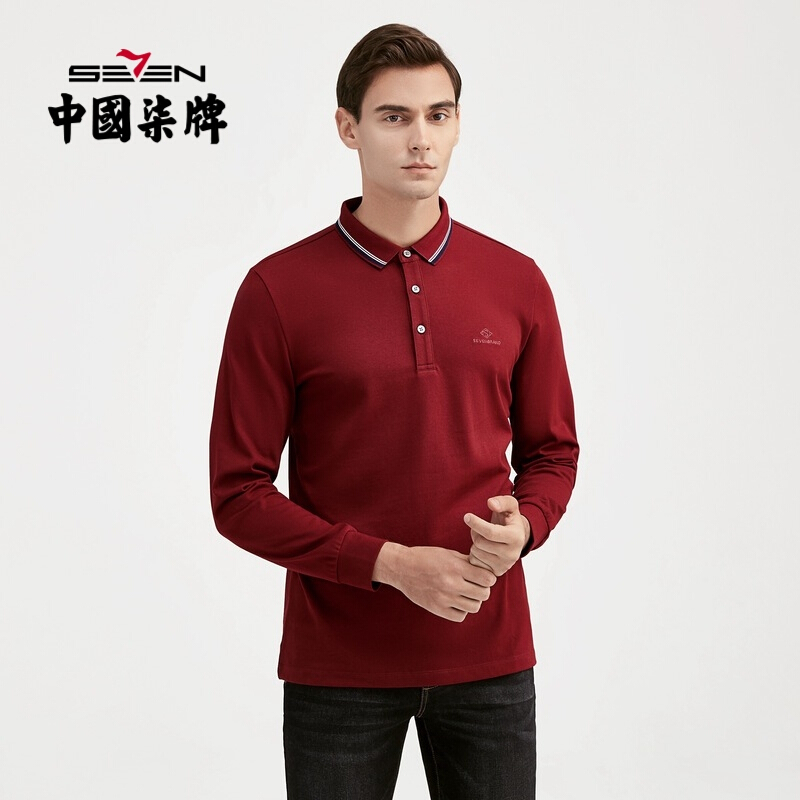火山岩柒牌男装21秋冬polo衫男长袖商务休闲男装撞色翻领条纹多色上衣