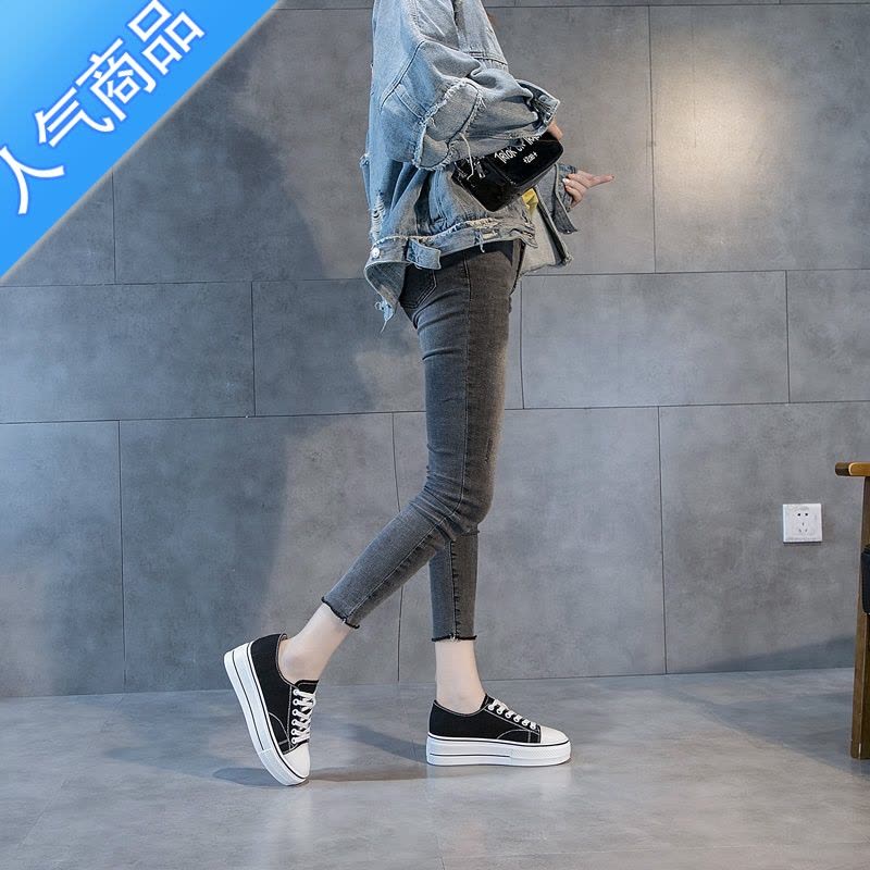 SUNTEK松糕鞋女帆布鞋透气韩版板鞋百搭黑色休闲潮软底女鞋女士平板鞋图片