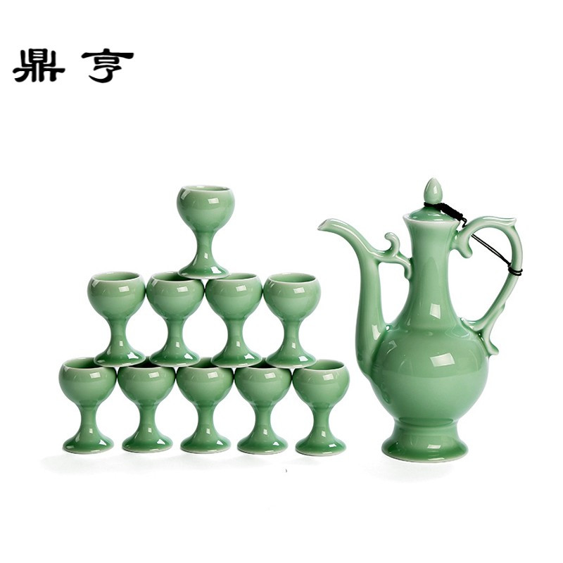 鼎亨青瓷酒具套装白酒杯一斤装酒壶家用分酒器陶瓷高脚杯复古中式