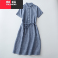 YIBUSHENG季新款2023大码宽松日系棉麻短袖连衣裙女士系带收腰显新衣日N XXL建议140-160斤 牛仔蓝