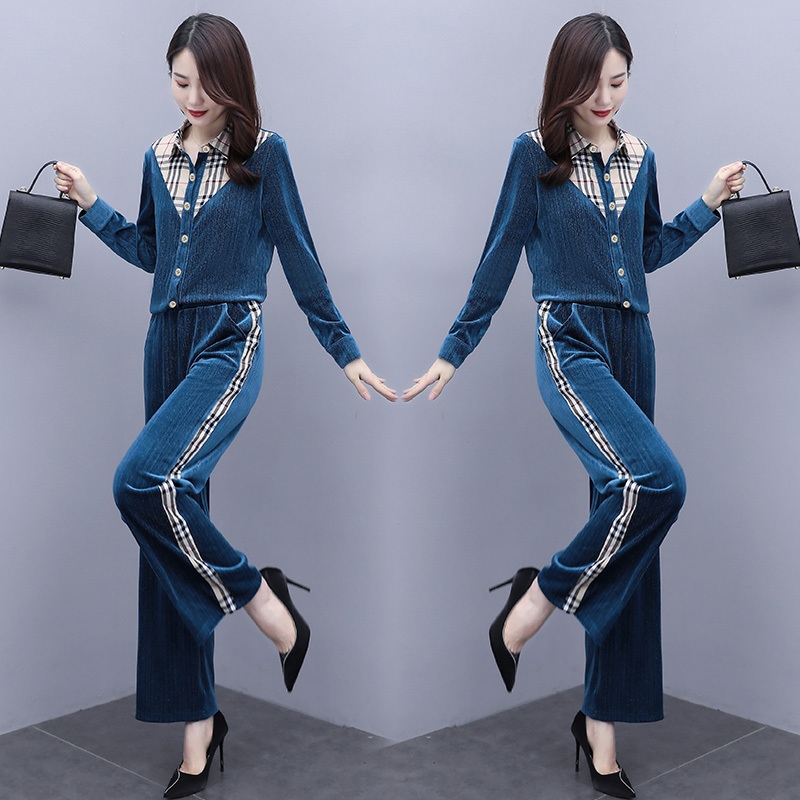 班俏BANQIAO气质女神范套装女2021新款秋季金丝绒阔腿裤时尚宽松两件套洋气套装女