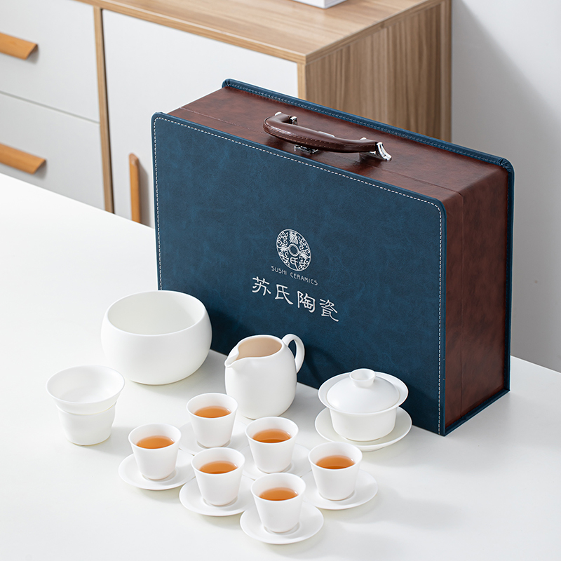 苏氏陶瓷(SUSHI CERAMICS)素烧羊脂玉功夫茶具套装三才盖碗带茶杯洗杯垫德化白瓷大套礼盒装