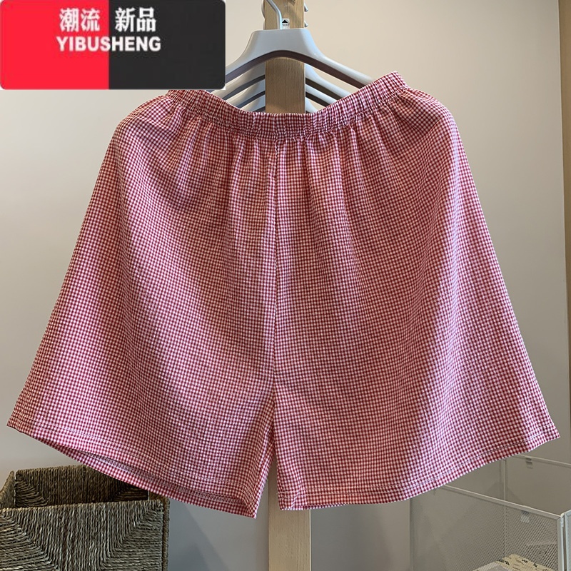 YIBUSHENG格子睡裤女薄款居家懒人裤直筒休闲阔腿裤外穿居家短裤 红色 M