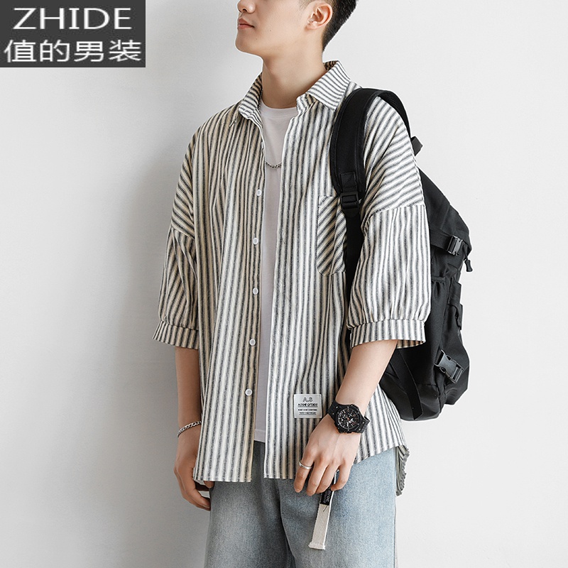 SUNTEK条纹衬衫男短袖夏季外套韩版潮流帅气休闲宽松dk制服七分袖衬衣潮衬衫高清大图
