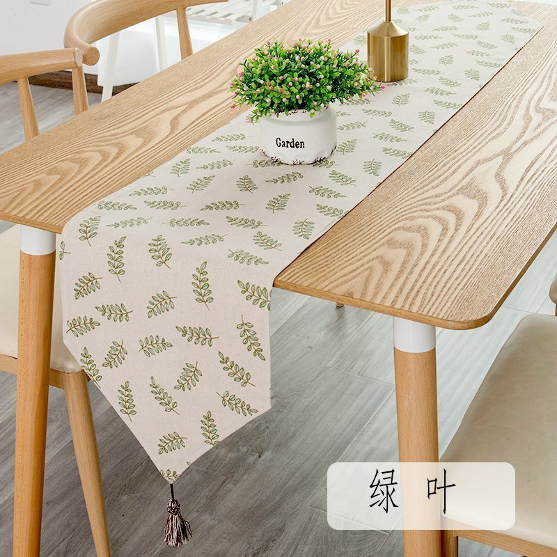 北欧桌旗 棉麻家用桌布电视柜长桌旗欧式茶几现代简约轻奢 绿叶 30*220cm(适合160-180cm左右桌子茶桌柜子)