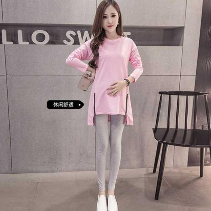 迪鲁奥（DILUAO)孕妇装春装套装春季中长款孕妇上衣宽松纯色孕妇套装薄款两件套潮c38- 双拉链粉色上衣+灰色长裤(套