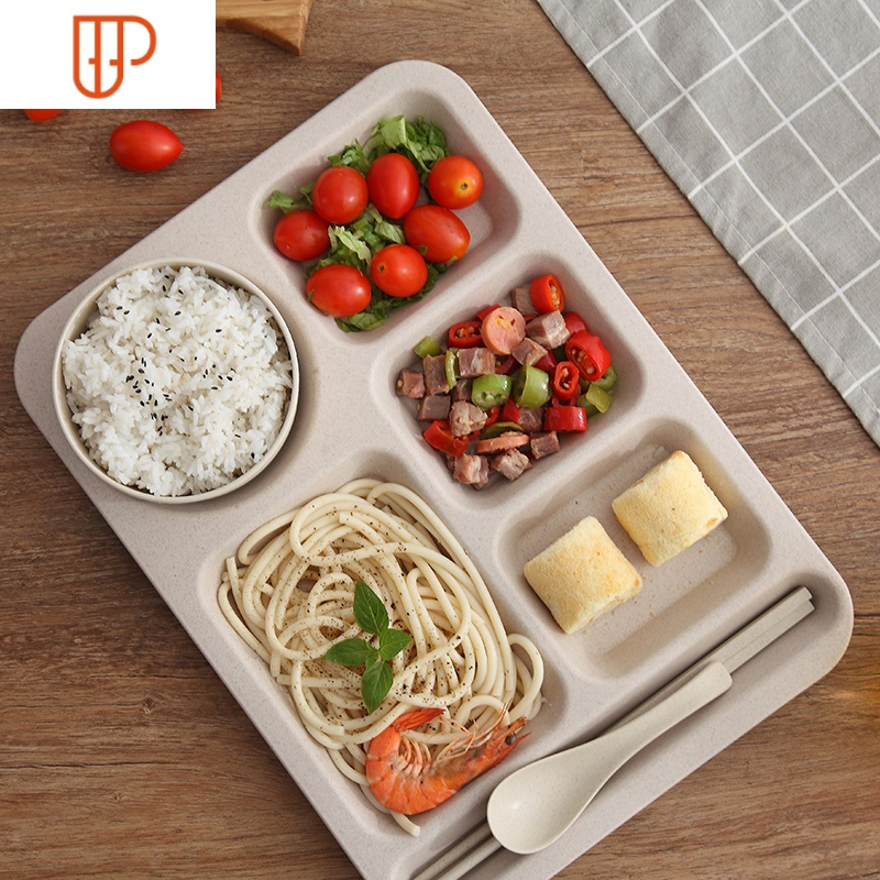 小麦秸秆学生饭盘大容量长方形食堂成人餐盘防摔快餐盘分格盘套装