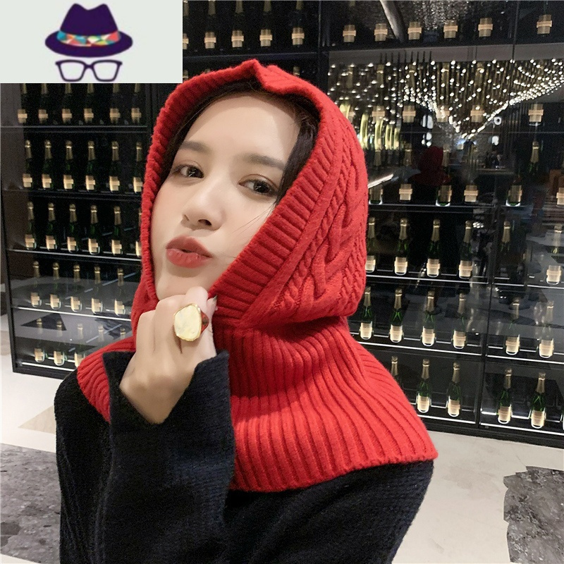 帽子女韩版潮针织毛线帽保暖套头包头帽秋冬季防寒帽子围脖头巾帽fish