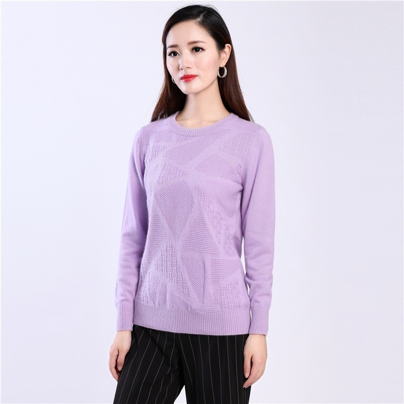 女式秋冬新款山羊绒衫纯色圆领几何图案羊绒衫外套针织衫毛衣