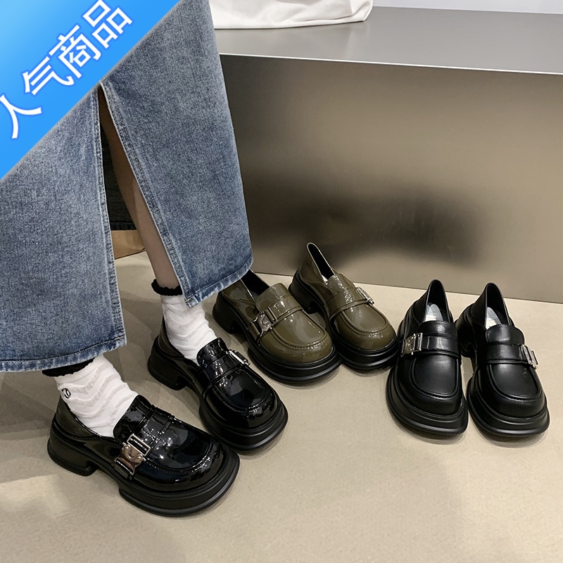 SUNTEK[moca茉卡]厚底乐福鞋女复古圆头增高小皮鞋金属扣英伦风单鞋高清大图