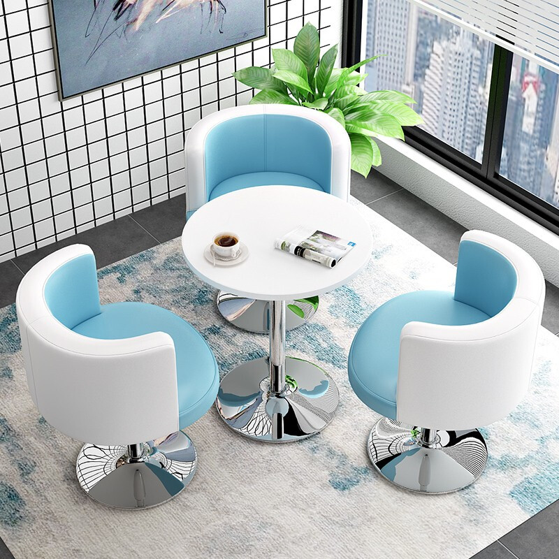 绵冠MIANGUAN谈桌接待会客桌会议桌休闲小圆桌椅组合一桌三椅 浅蓝白皮椅