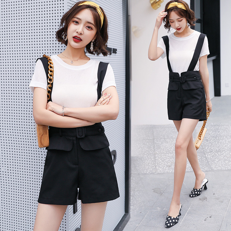 带阔腿短裤女女士夏装新品纯色t恤两件套时尚百搭背带休闲短裤