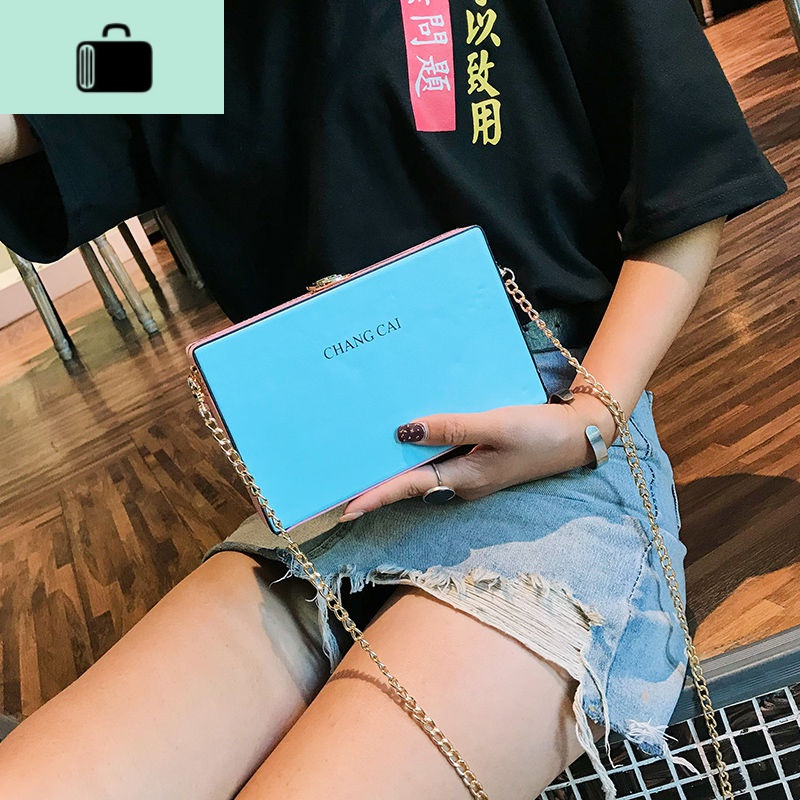 ins超火盒子包包女2020新款撞色小方包韩版百搭链条单肩斜挎包女NEW LAKE女斜挎包