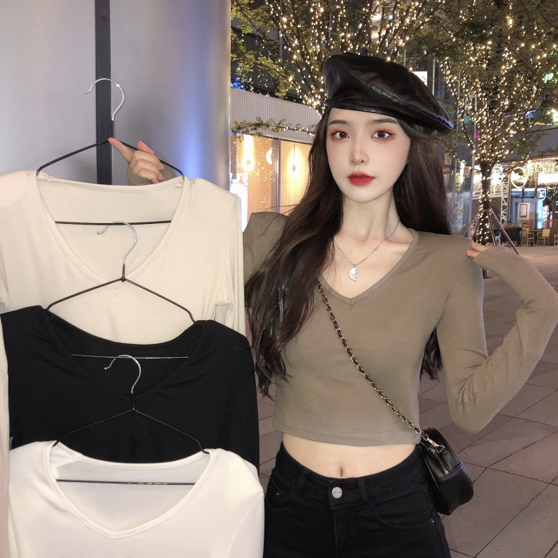 春夏短款修身露脐打底衫女深u领性感长袖T恤女纯色上衣女韩国女装