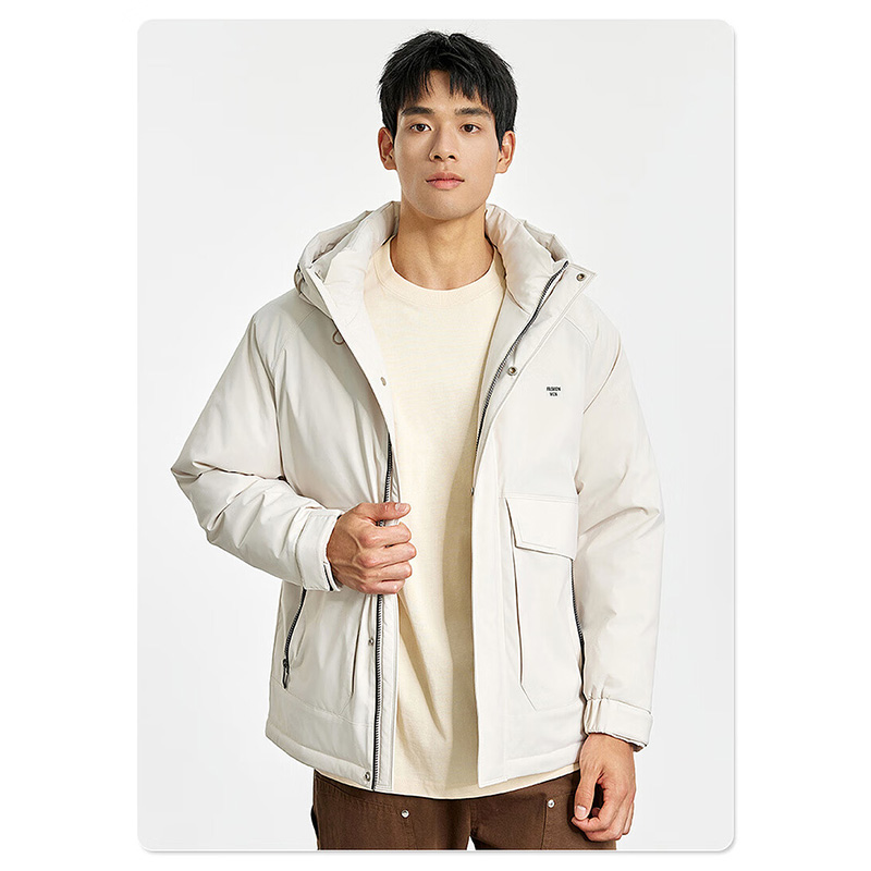雪中飞2024新款百搭时尚通勤男士纯色连帽羽绒服鸭绒保暖休闲时尚 X401416601F 米色 L